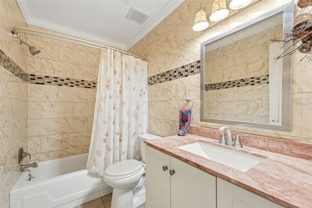 full bathroom featuring tile walls, shower / tub combo, and crown molding