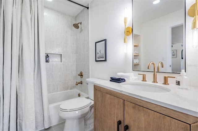 full bathroom with shower / bath combination with curtain, vanity, and toilet