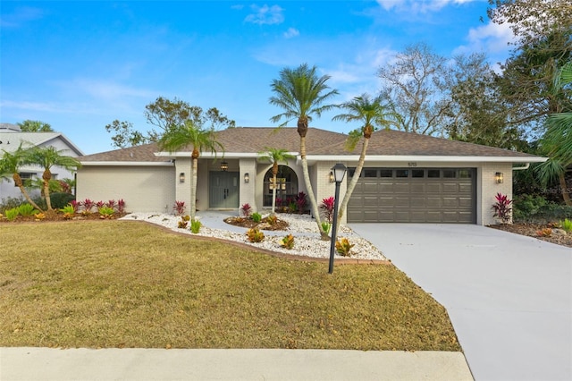 ranch-style home with a garage and a front yard