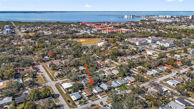 bird's eye view with a water view