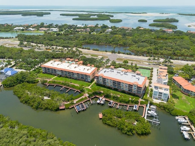 drone / aerial view with a water view