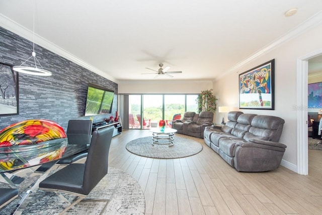 living room featuring crown molding, ceiling fan, and light wood-type flooring