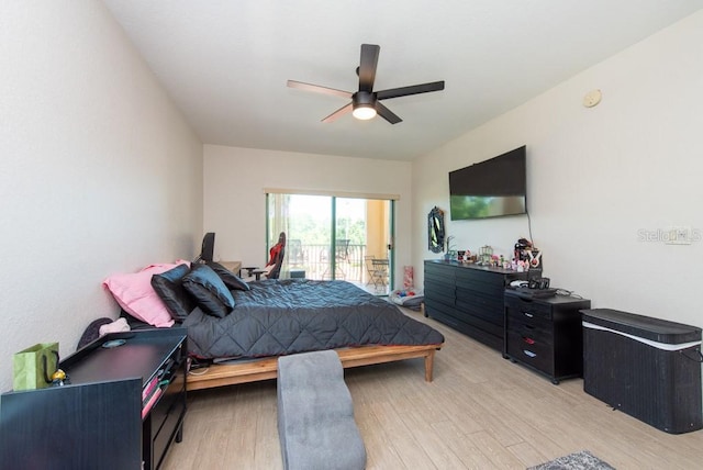 bedroom with access to outside, ceiling fan, and light hardwood / wood-style flooring