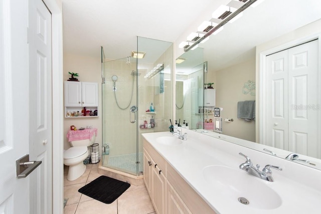 bathroom with tile patterned flooring, vanity, an enclosed shower, and toilet