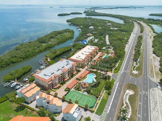 aerial view featuring a water view