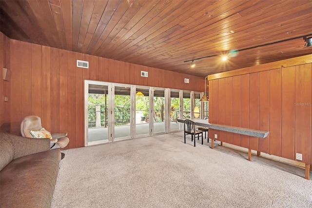 rec room featuring wooden walls, carpet flooring, and wooden ceiling