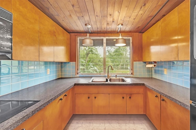 kitchen with wood ceiling, sink, tasteful backsplash, and black appliances