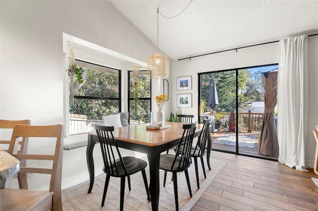 dining space featuring a wealth of natural light, vaulted ceiling, a textured ceiling, and hardwood / wood-style flooring