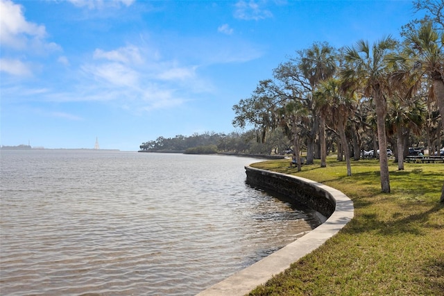 surrounding community featuring a water view and a lawn