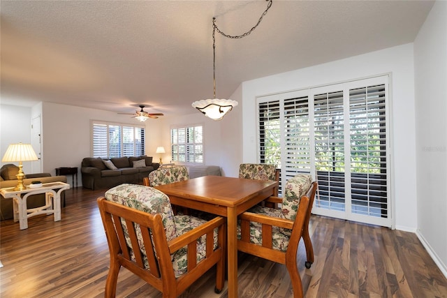 dining room with ceiling fan, dark hardwood / wood-style floors, and a textured ceiling