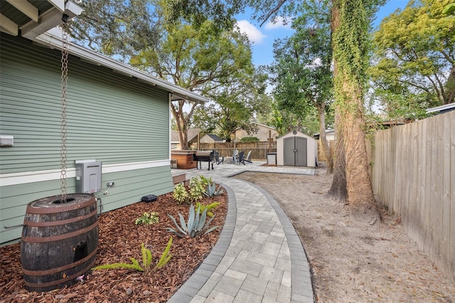 view of yard featuring a storage shed and a patio area