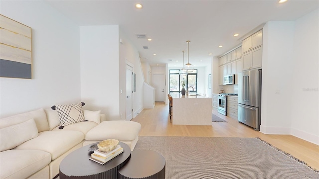 living room featuring sink and light hardwood / wood-style floors