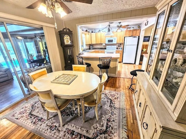 dining space with ceiling fan, sink, light hardwood / wood-style floors, and a textured ceiling