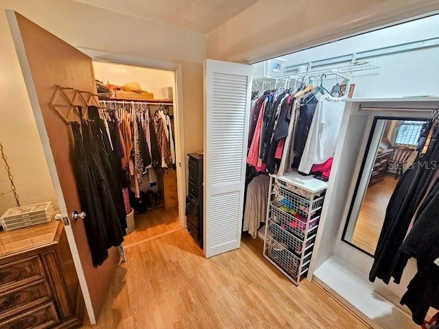 walk in closet with light hardwood / wood-style flooring