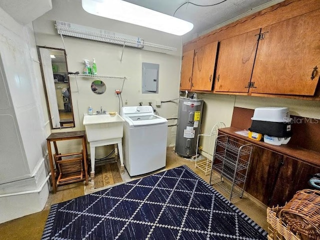 clothes washing area with sink, cabinets, electric panel, electric water heater, and washer / clothes dryer