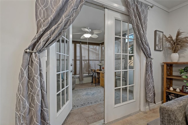 entryway with crown molding, tile patterned floors, french doors, and ceiling fan