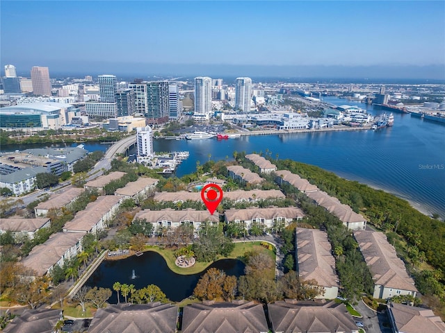 drone / aerial view featuring a water view