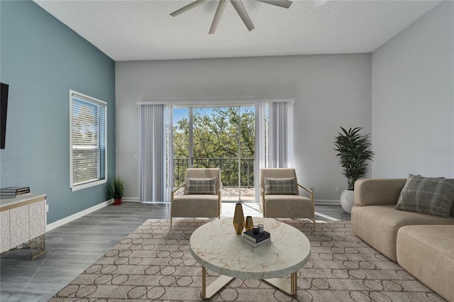 living room with wood-type flooring, ceiling fan, and a textured ceiling