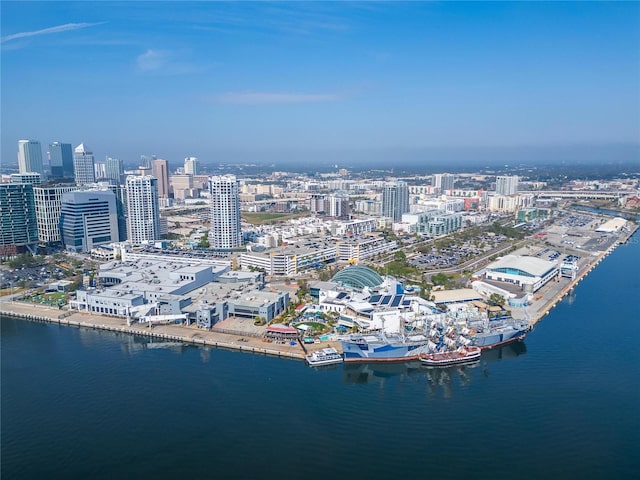 drone / aerial view with a water view