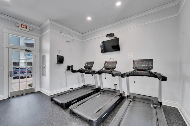 exercise room with crown molding