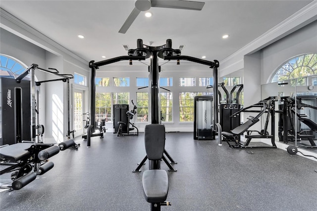 workout area featuring ornamental molding and ceiling fan