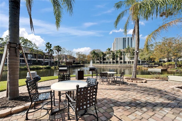 view of patio / terrace featuring a water view