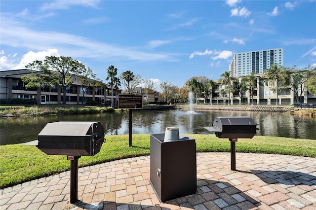 exterior space with a water view