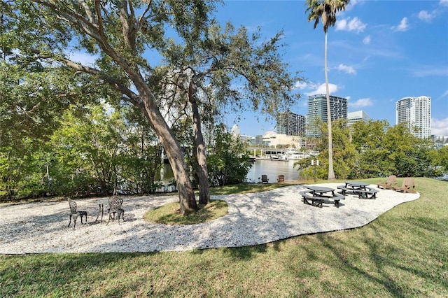 view of community with a lawn and a water view