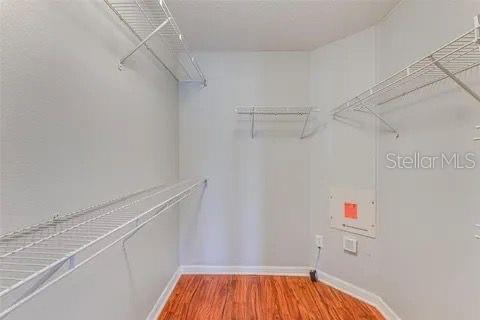 walk in closet with wood-type flooring