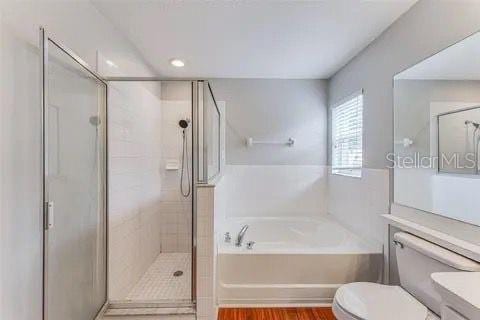 full bathroom featuring vanity, toilet, and separate shower and tub