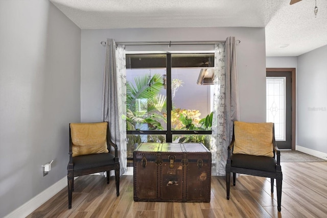 living area featuring a textured ceiling and light hardwood / wood-style flooring