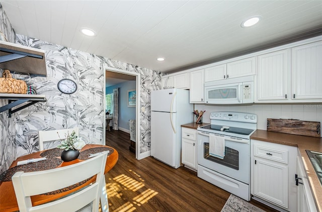 kitchen featuring wood ceiling, white appliances, white cabinetry, dark hardwood / wood-style flooring, and decorative backsplash