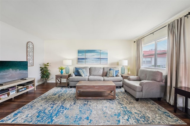 living room with dark hardwood / wood-style floors