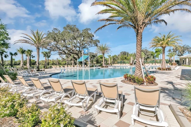 view of swimming pool with a patio area