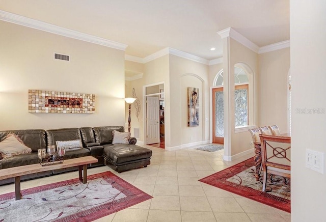 2867 Grey Oaks Blvd, Tarpon Springs, FL 34688 - tiled living room featuring ornamental molding