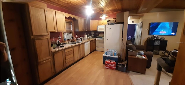 kitchen with wood ceiling, white appliances, sink, and light hardwood / wood-style flooring