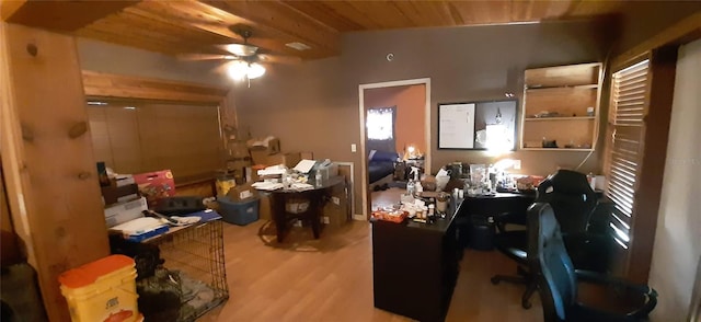 home office with wood ceiling, wood-type flooring, lofted ceiling with beams, and ceiling fan