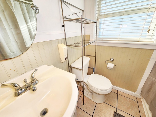 bathroom featuring toilet, wood walls, a sink, and wainscoting