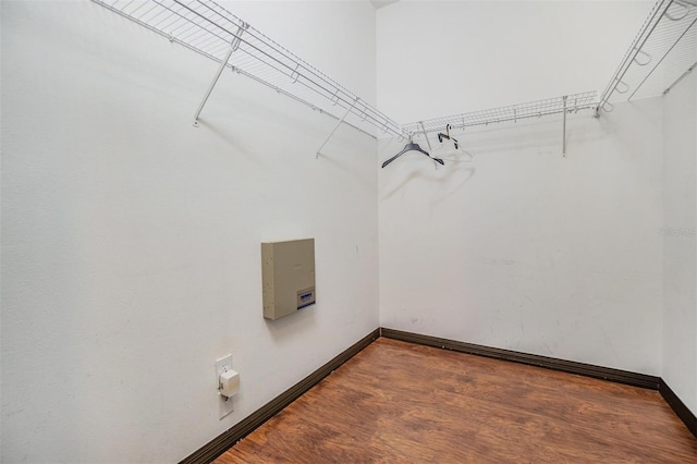 walk in closet with wood-type flooring