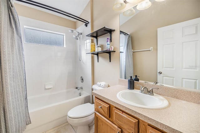 full bathroom featuring shower / bathtub combination with curtain, tile patterned floors, vanity, and toilet