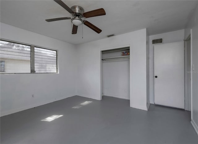 unfurnished bedroom with a closet and ceiling fan