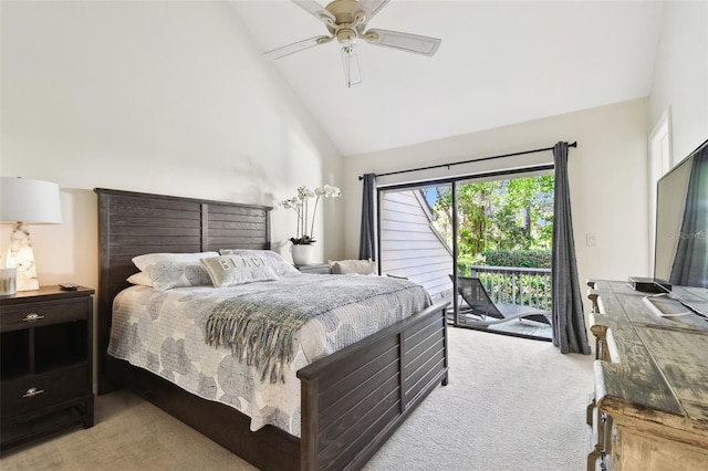 carpeted bedroom featuring access to exterior, high vaulted ceiling, and ceiling fan