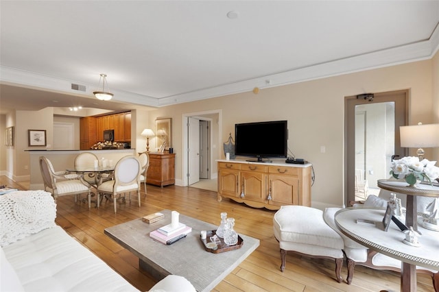 living room with ornamental molding and light hardwood / wood-style floors