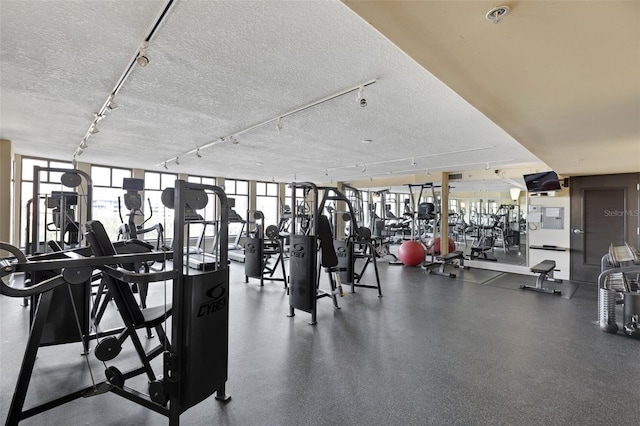 gym with expansive windows, rail lighting, and a textured ceiling