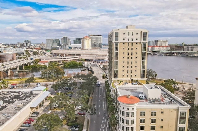 aerial view featuring a water view