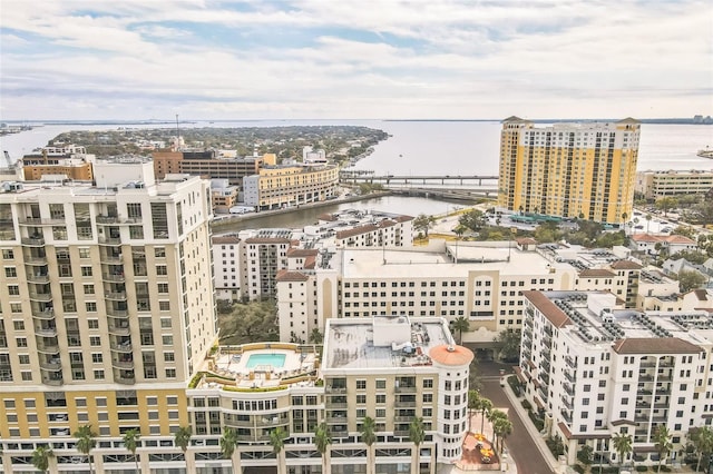 bird's eye view with a water view