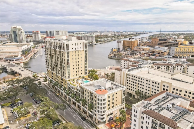 birds eye view of property featuring a water view