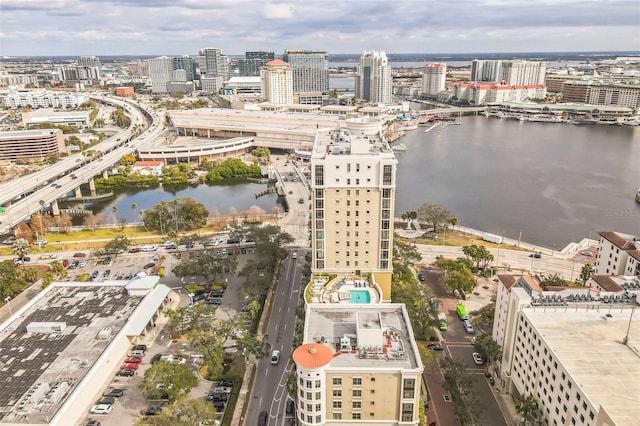 bird's eye view with a water view