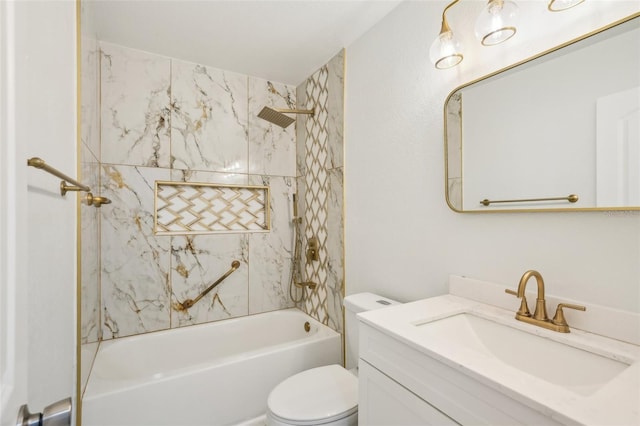 full bathroom with tiled shower / bath combo, vanity, and toilet