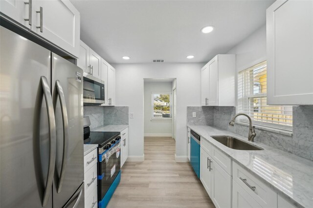 kitchen featuring sink, backsplash, stainless steel appliances, light stone countertops, and white cabinets